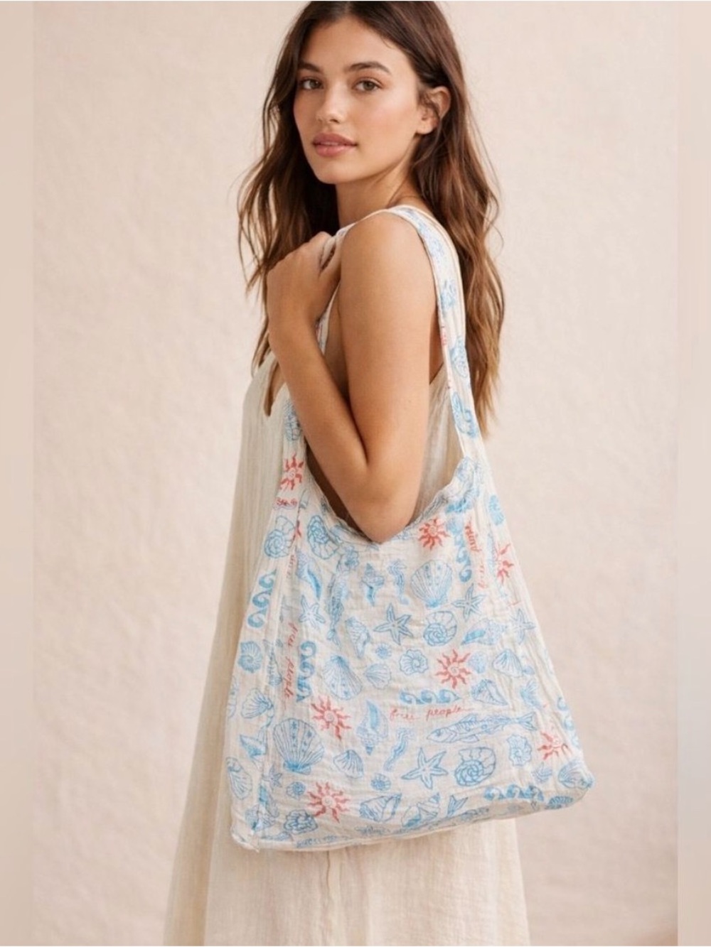 Free People large shopping tote with seashells & starfish
